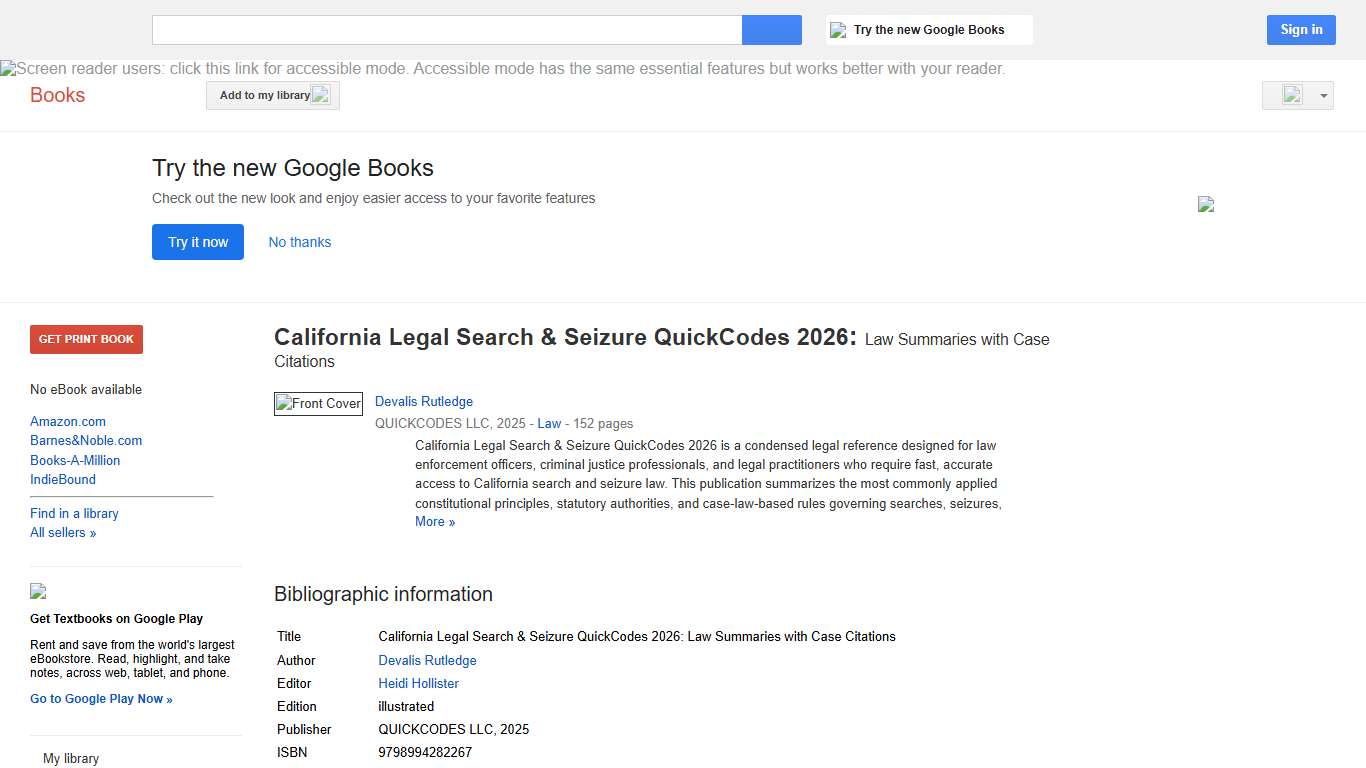 California Legal Search & Seizure QuickCodes 2026: Law Summaries with Case ... - Devalis Rutledge - Google Books